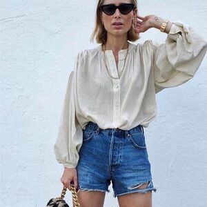 NWOT Anine Bing cream striped silk Eden popover shirt